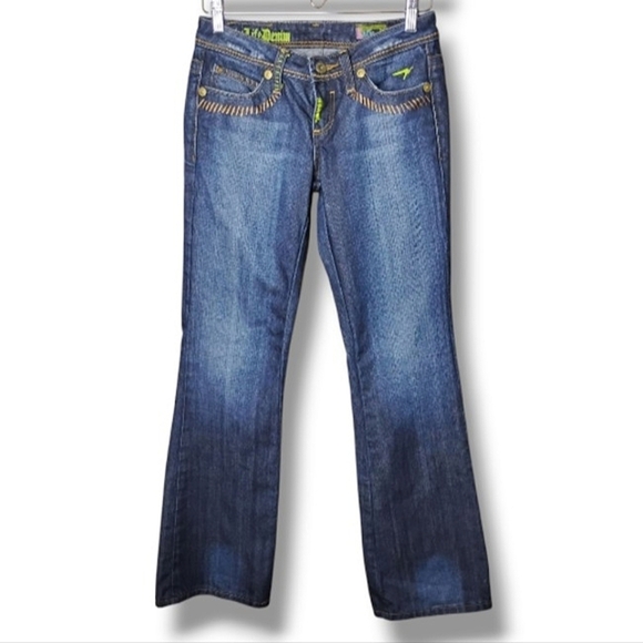 Azzure Y2K Bootcut Jeans Size 26 Low Rise Dark Wash Neon Stitching Vintage 2000s - Picture 2 of 13